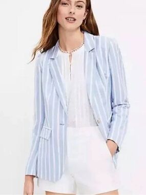 LOFT Blue White Striped Linen Blend Blazer | Chambray Stripe | Modern Fit